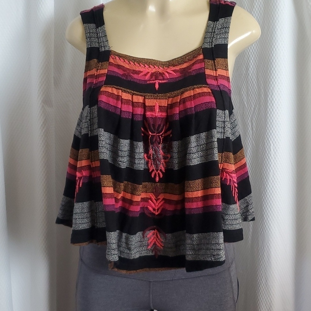 FREE PEOPLE Stripe Swing Tank Top Boho Hippie Embroidered Folklore Size XS